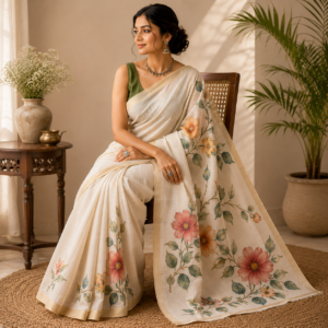 green Handpainted Saree