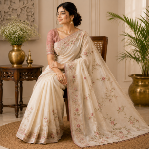 white  Embroidery Work Saree