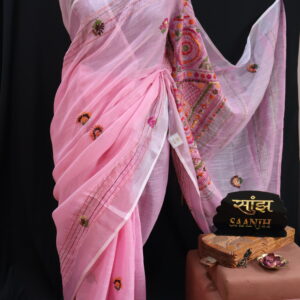 Handcrafted Linen Saree with Traditional Lambani Work – Pastel Pink