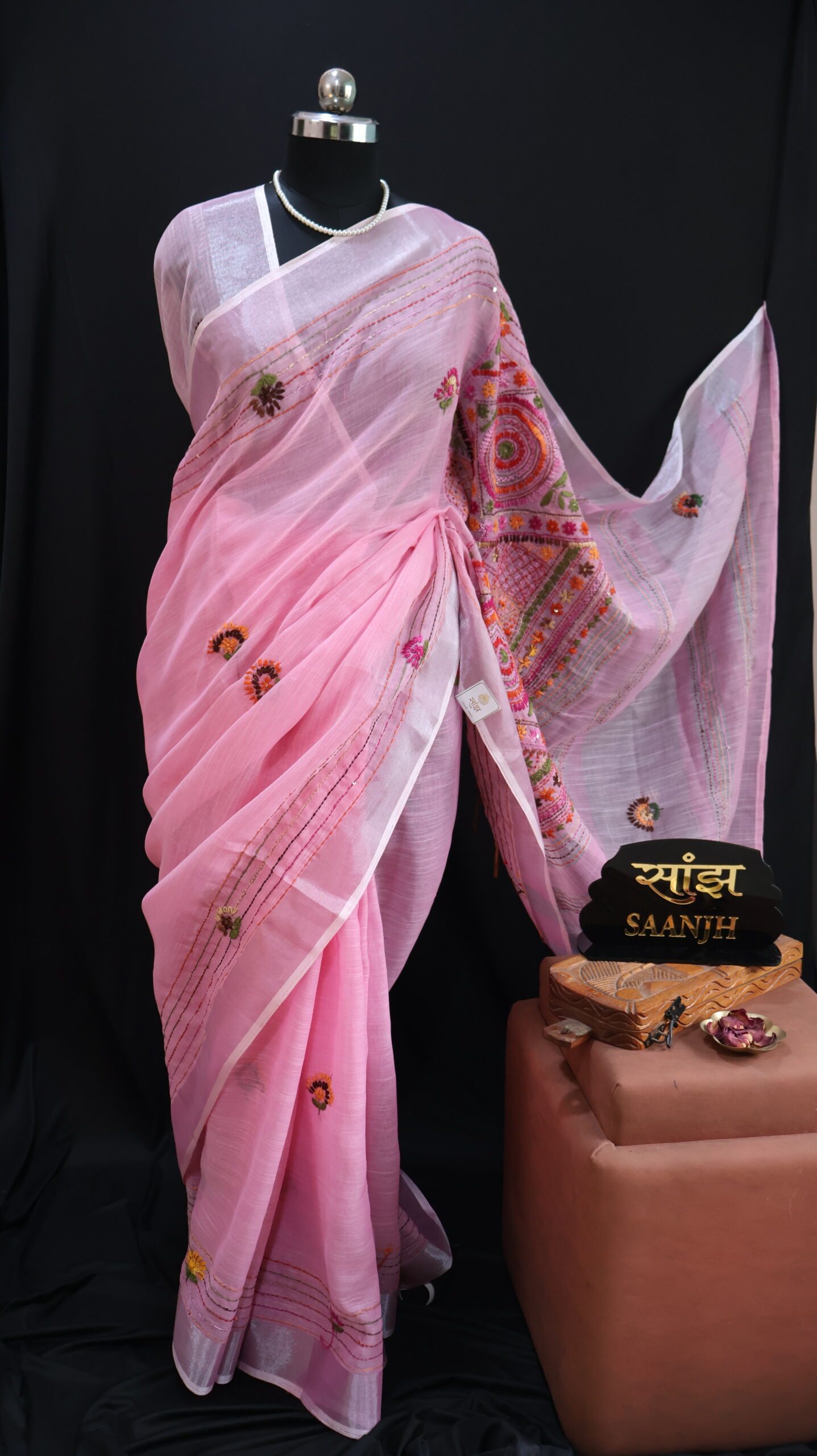 Handcrafted Linen Saree with Traditional Lambani Work – Pastel Pink