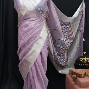 Lavender Kota Tissue Saree with Floral Hand Embroidery & Zari Border