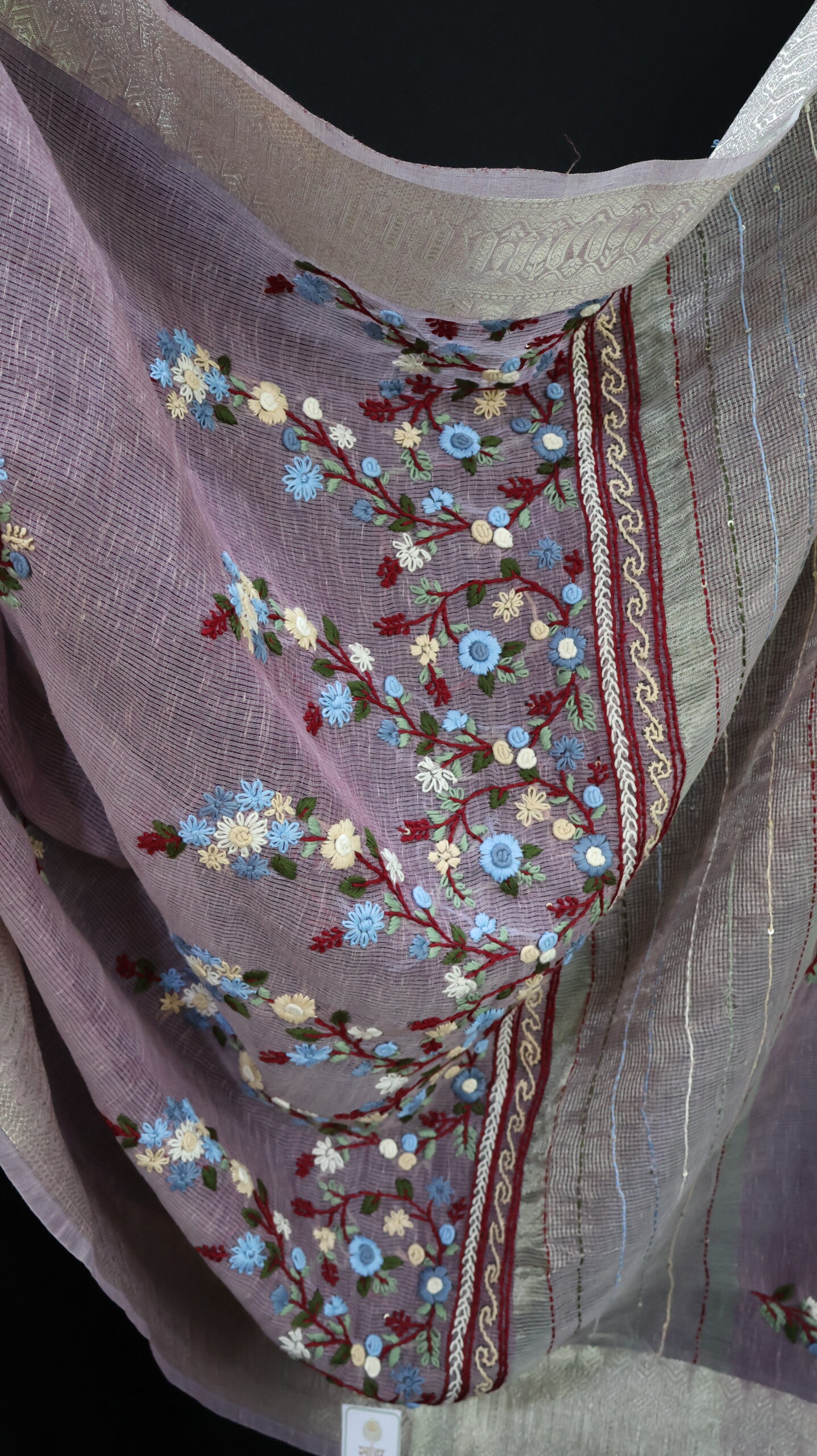 Lavender Kota Tissue Saree with Floral Hand Embroidery & Zari Border - Image 3