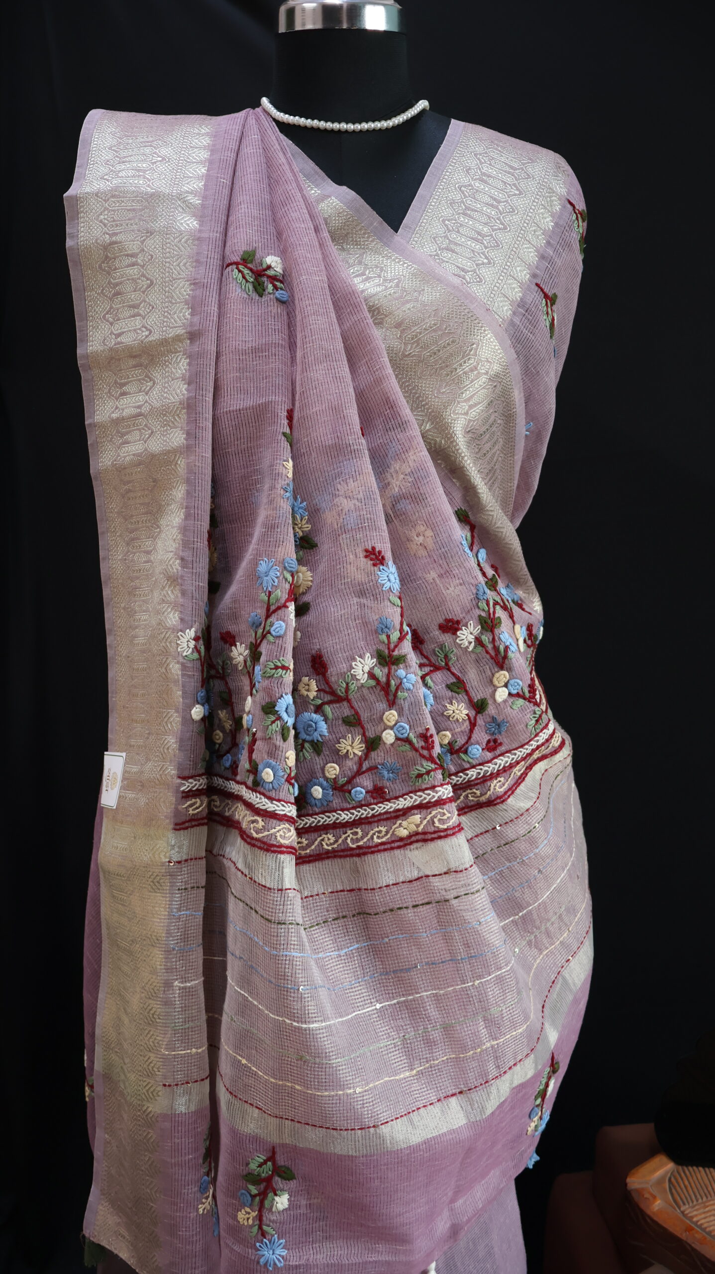 Lavender Kota Tissue Saree with Floral Hand Embroidery & Zari Border - Image 5