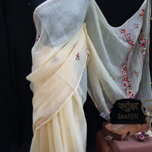 Ivory Linen Saree with Parsi-Inspired Floral Hand Embroidery & Sequins Work