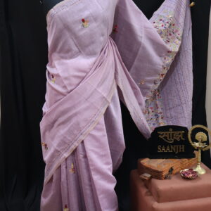 Onion Pink Mul Chanderi Saree with Bullion, Kantha & Sequin Hand Embroidery