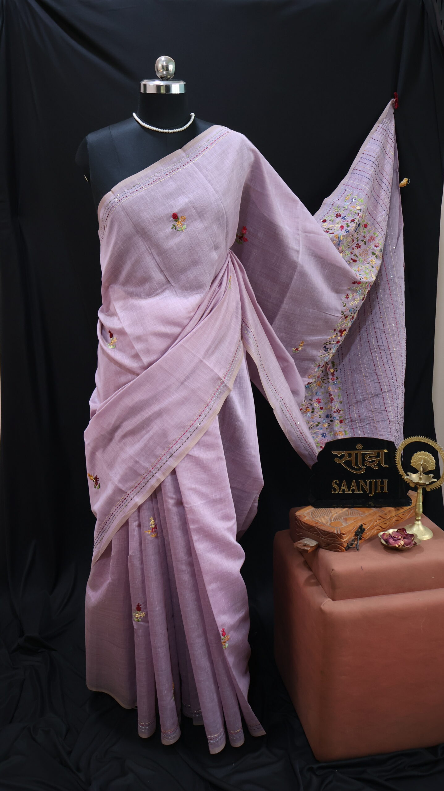 Onion Pink Mul Chanderi Saree with Bullion, Kantha & Sequin Hand Embroidery