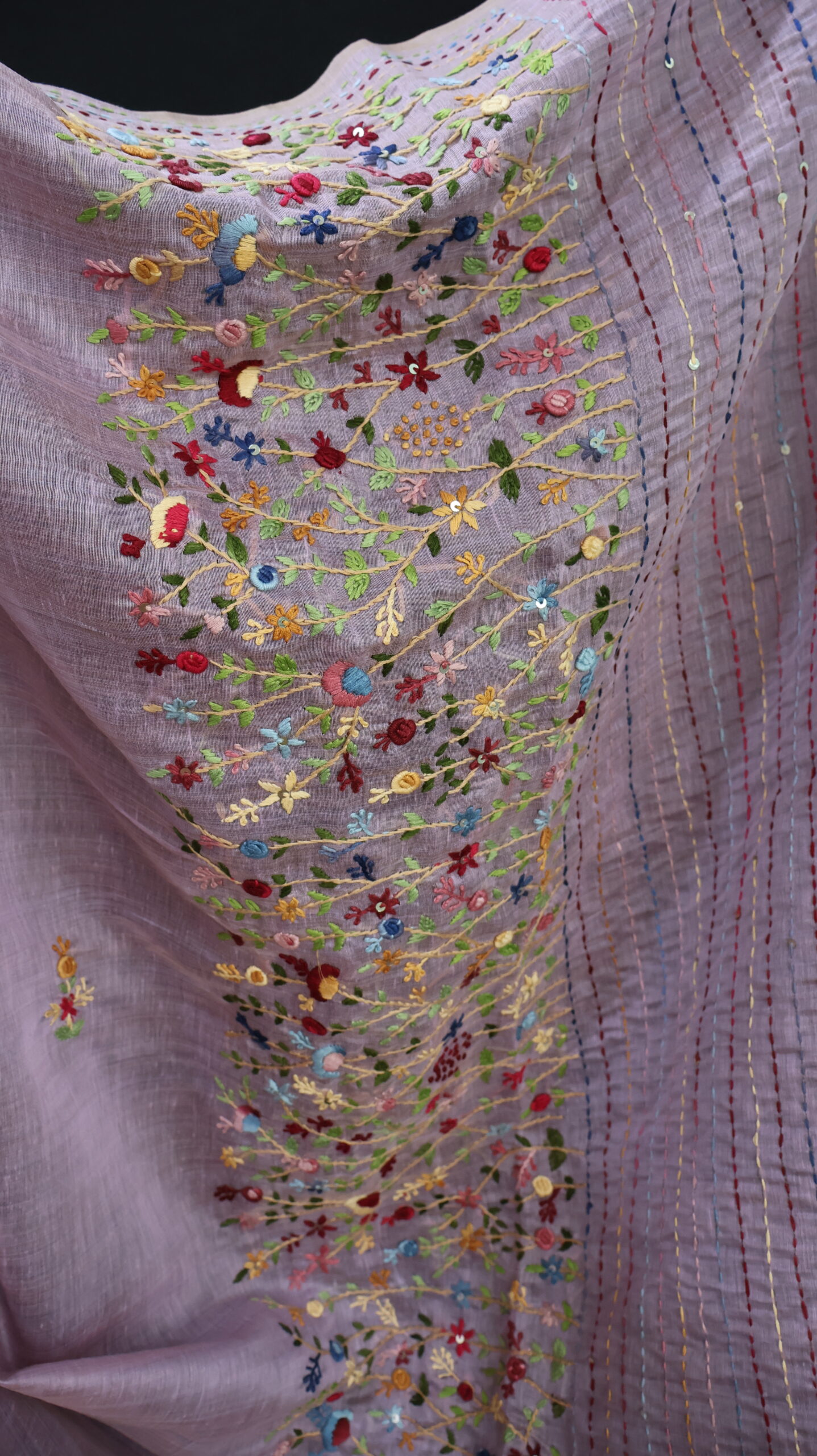 Onion Pink Mul Chanderi Saree with Bullion, Kantha & Sequin Hand Embroidery - Image 3