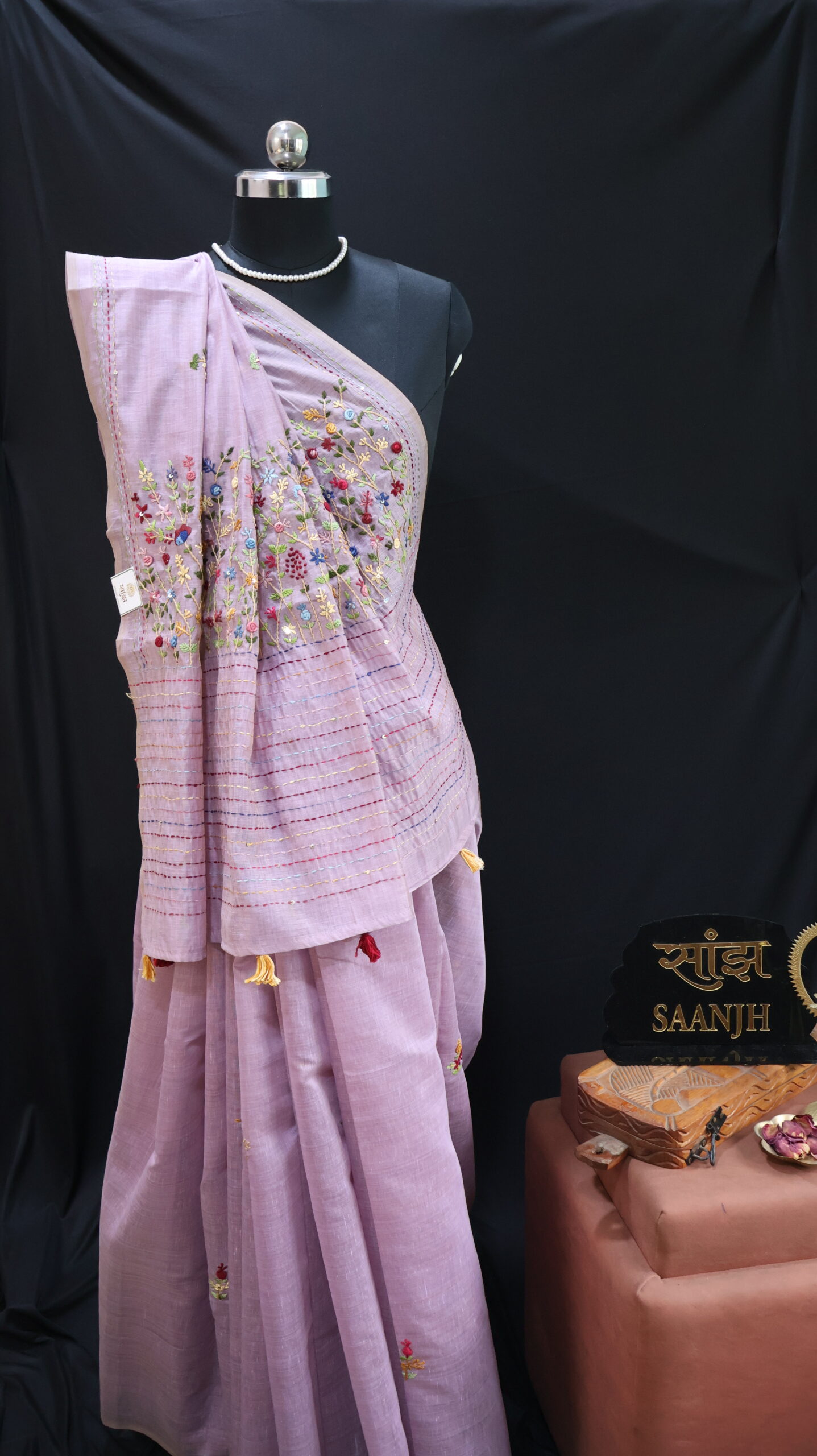 Onion Pink Mul Chanderi Saree with Bullion, Kantha & Sequin Hand Embroidery - Image 2