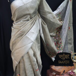 Handcrafted Crush Tissue Saree with Bullion & Kantha Stitch Work