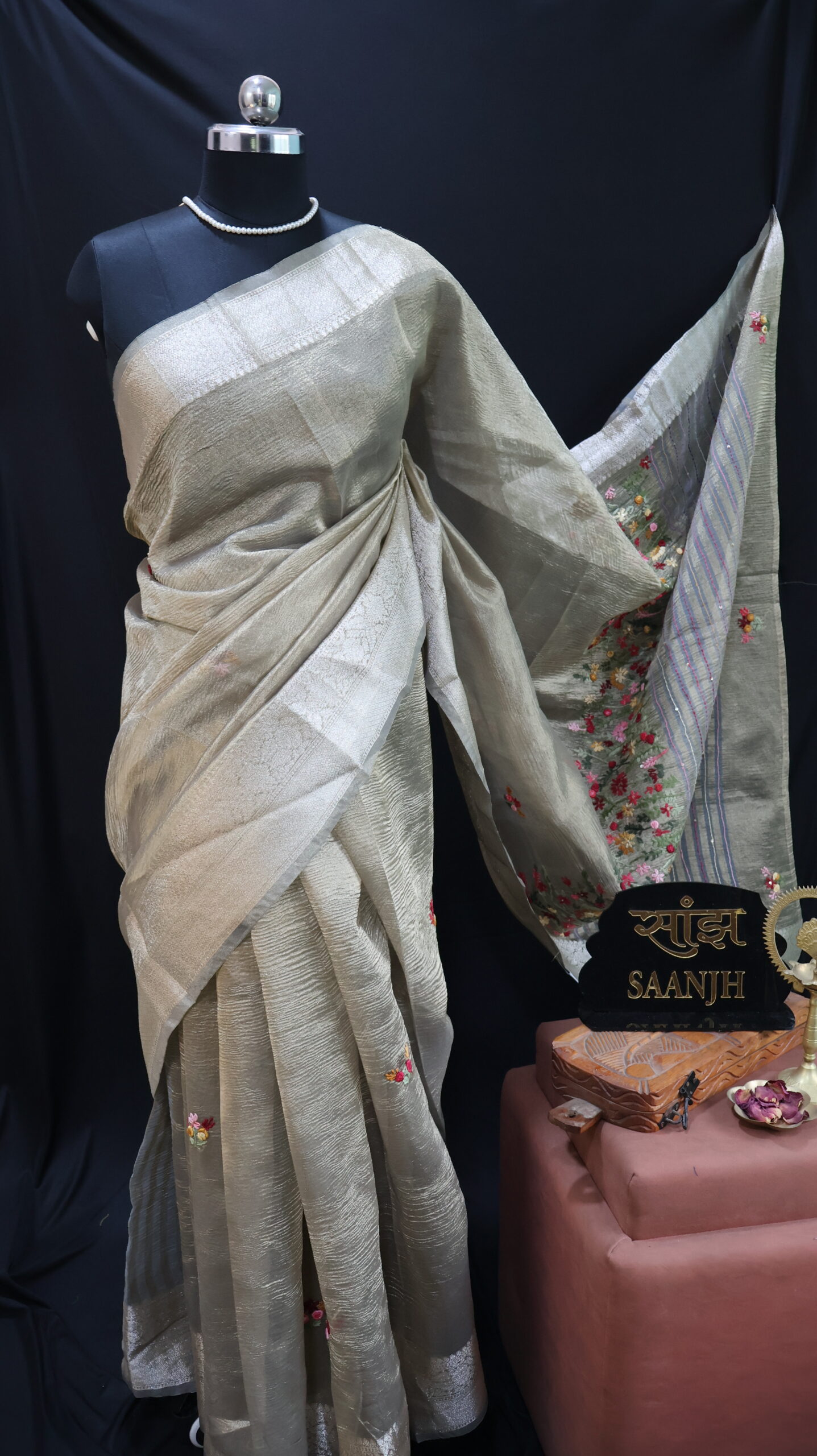 Handcrafted Crush Tissue Saree with Bullion & Kantha Stitch Work