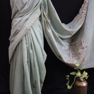 Sea Mist Mul Chanderi Saree with Hand Embroidery & Sequin Work