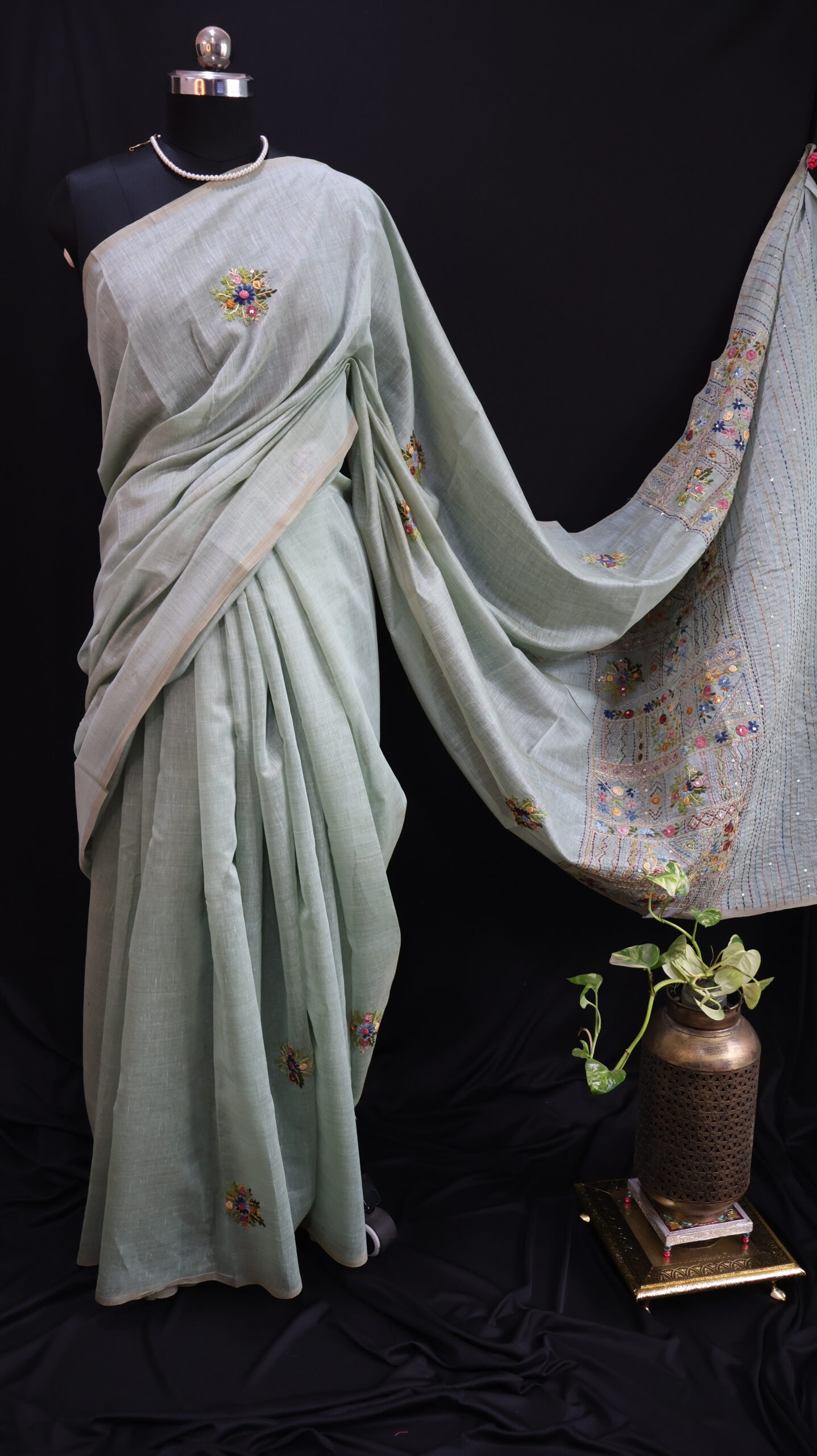 Sea Mist Mul Chanderi Saree with Hand Embroidery & Sequin Work