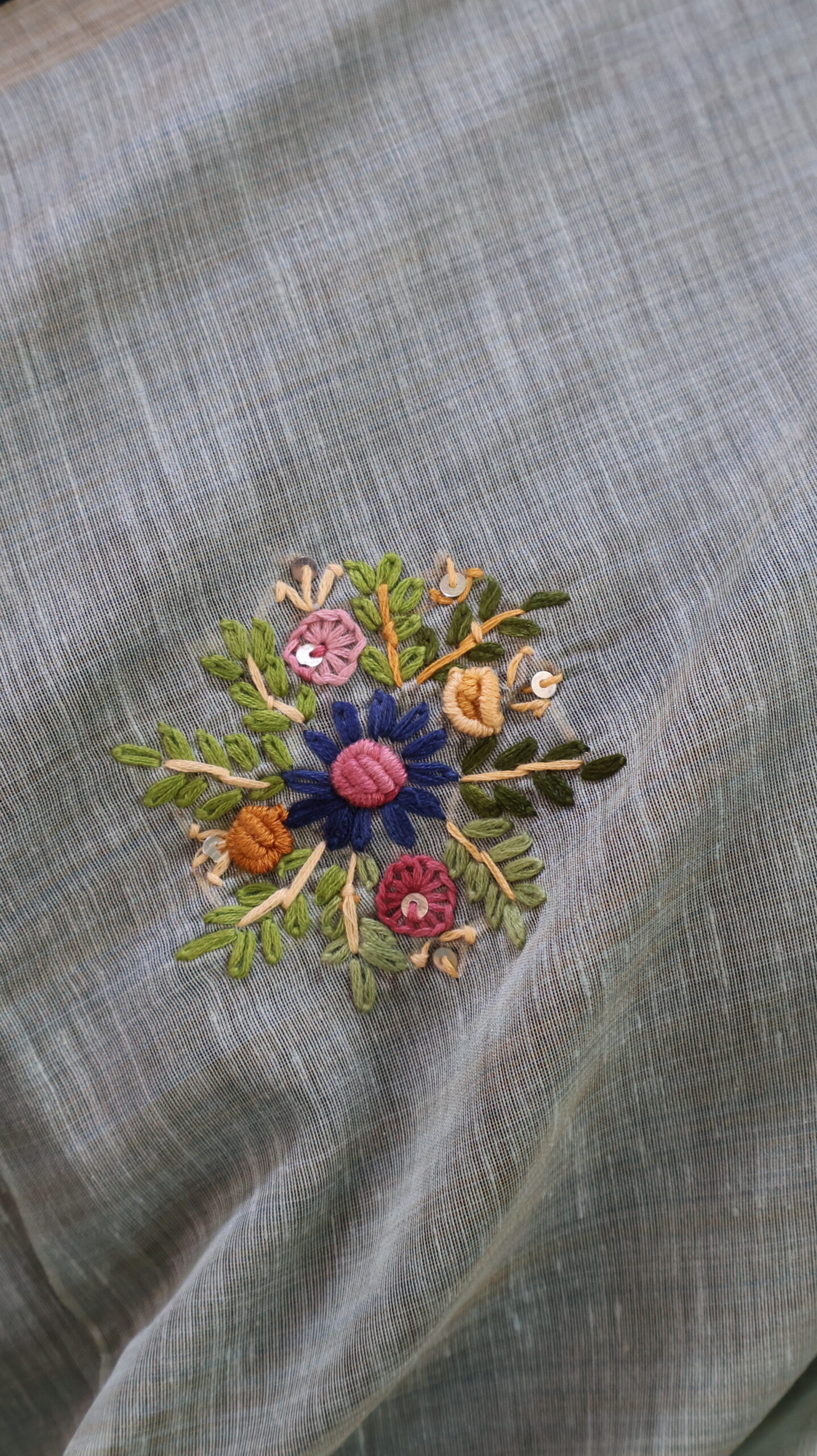 Sea Mist Mul Chanderi Saree with Hand Embroidery & Sequin Work - Image 4
