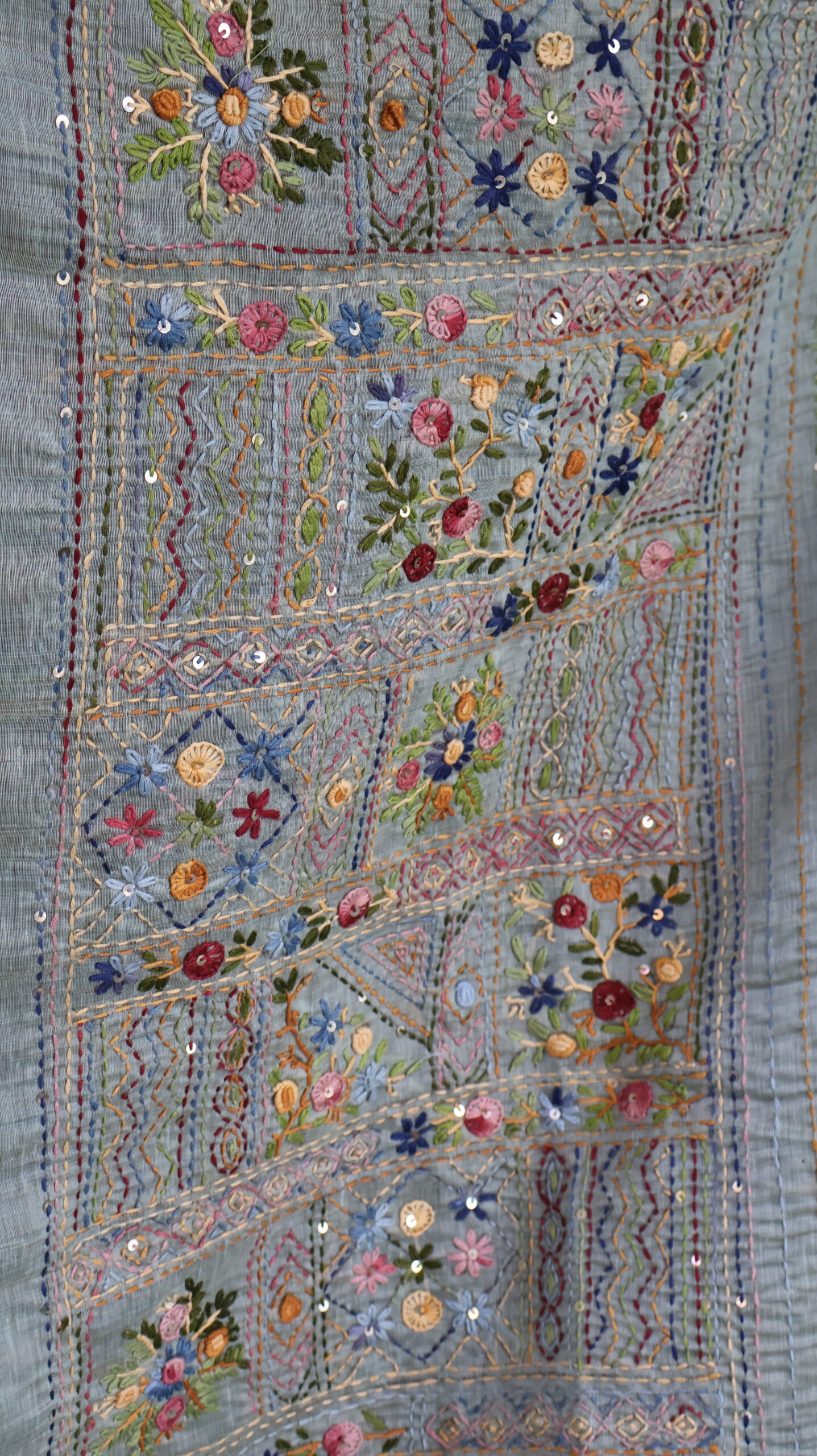 Sea Mist Mul Chanderi Saree with Hand Embroidery & Sequin Work - Image 3