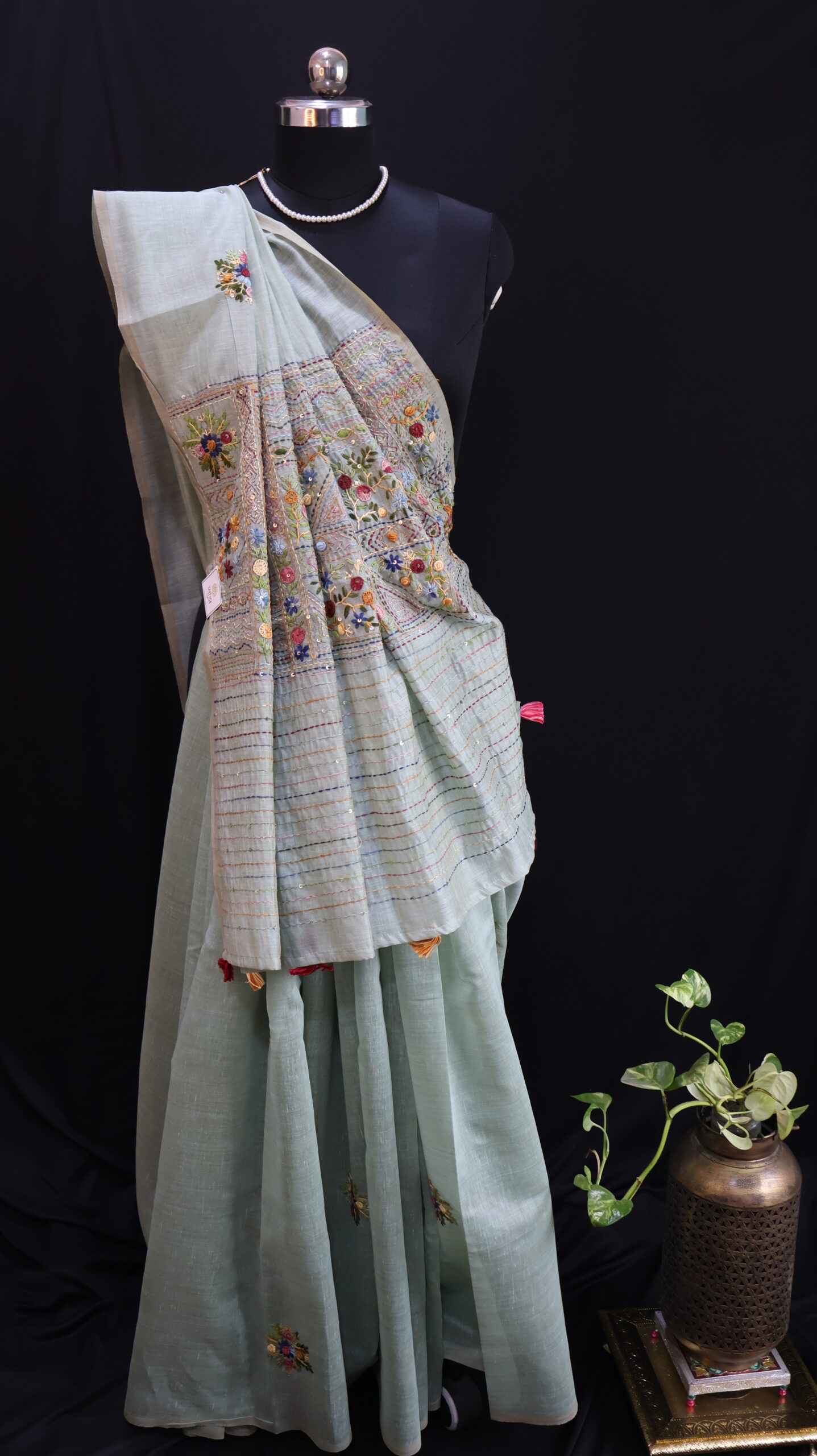 Sea Mist Mul Chanderi Saree with Hand Embroidery & Sequin Work - Image 2