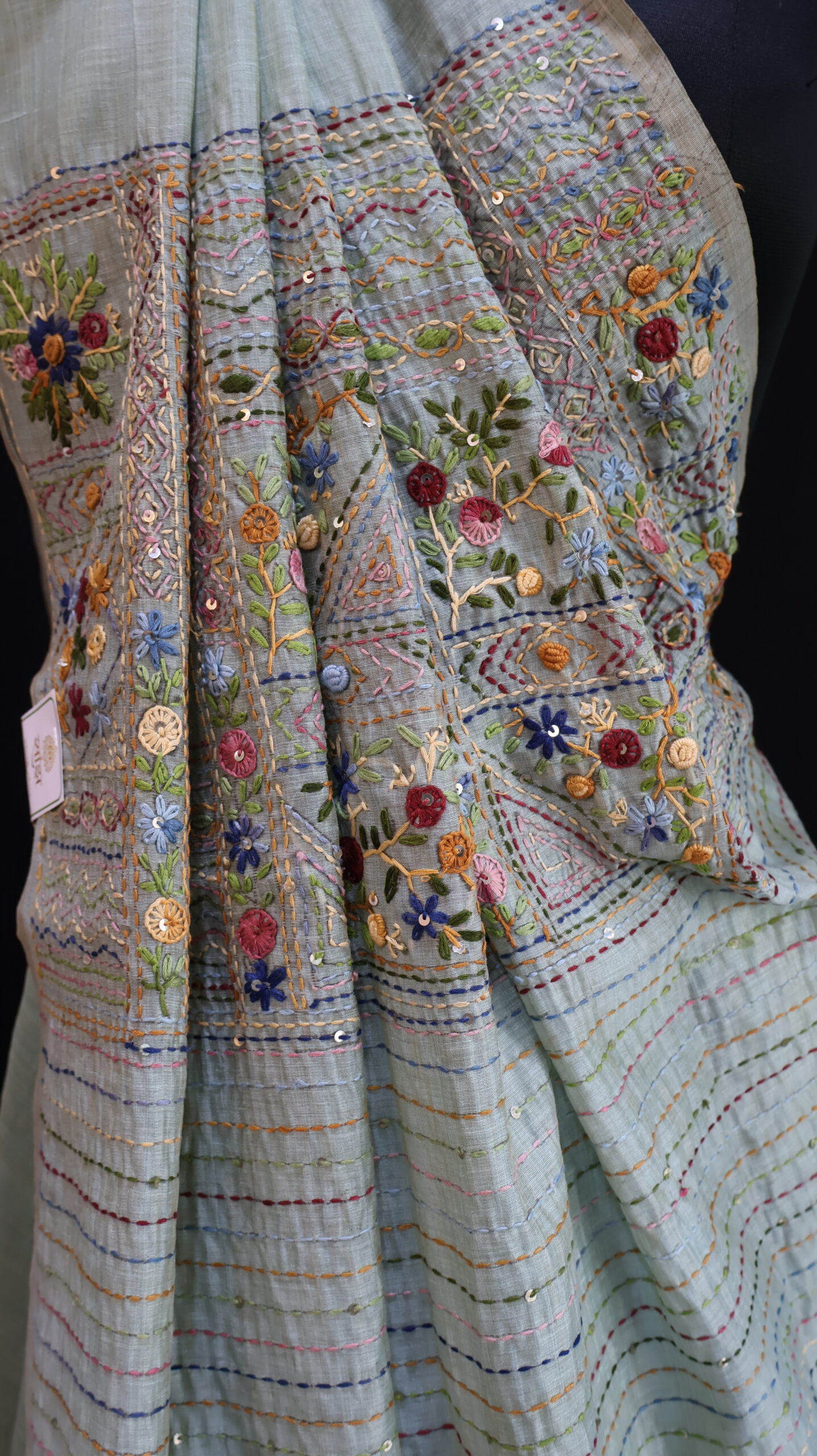 Sea Mist Mul Chanderi Saree with Hand Embroidery & Sequin Work - Image 5
