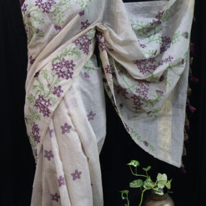 Light Grey Linen Chanderi Saree with Handcrafted French Knot Embroidery