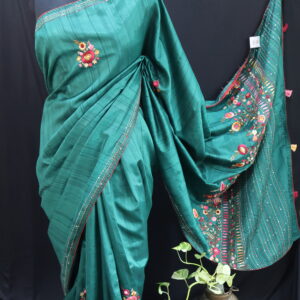 Emerald Green Half Tussar Saree with Handcrafted Floral Embroidery