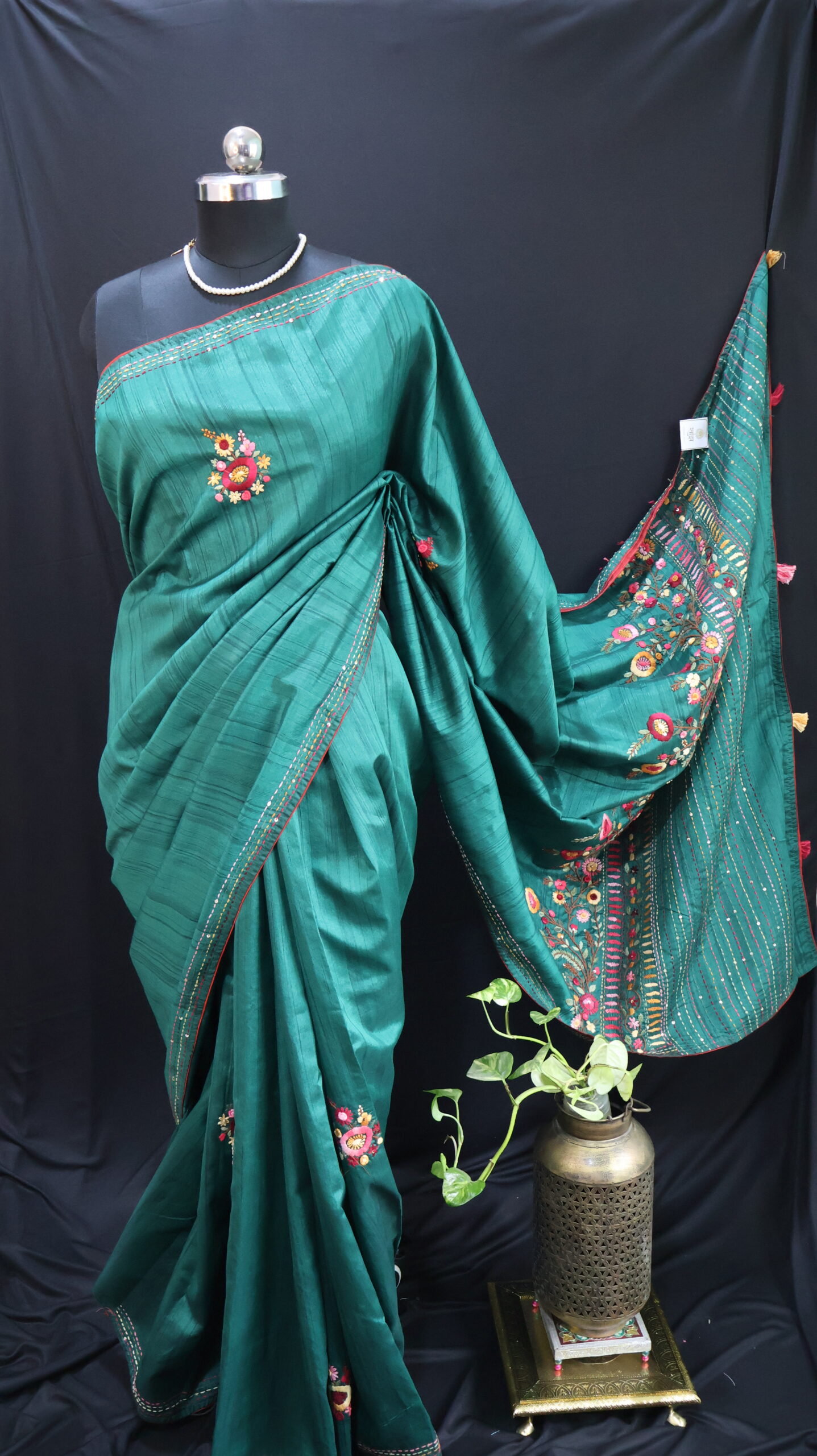 Emerald Green Half Tussar Saree with Handcrafted Floral Embroidery