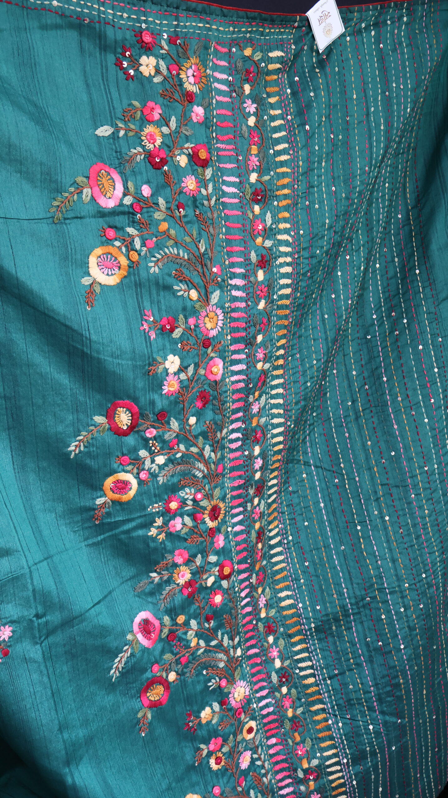 Emerald Green Half Tussar Saree with Handcrafted Floral Embroidery - Image 3
