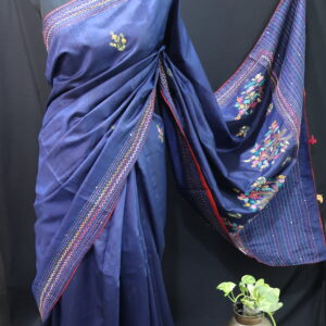 Navy Blue Half Tussar Saree with Hand-Painted Tree Motifs & Hand Embroidery