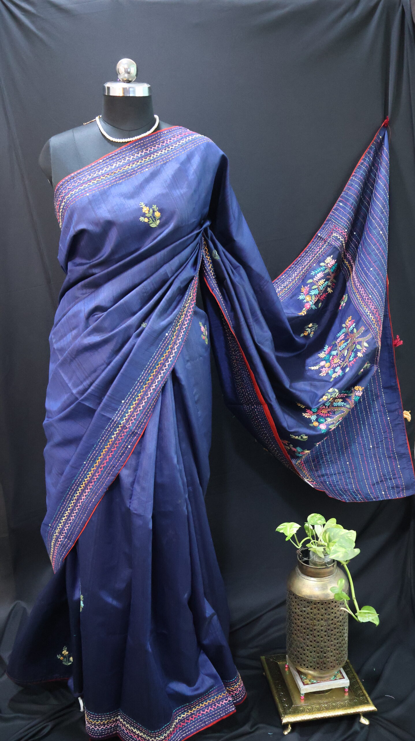 Navy Blue Half Tussar Saree with Hand-Painted Tree Motifs & Hand Embroidery