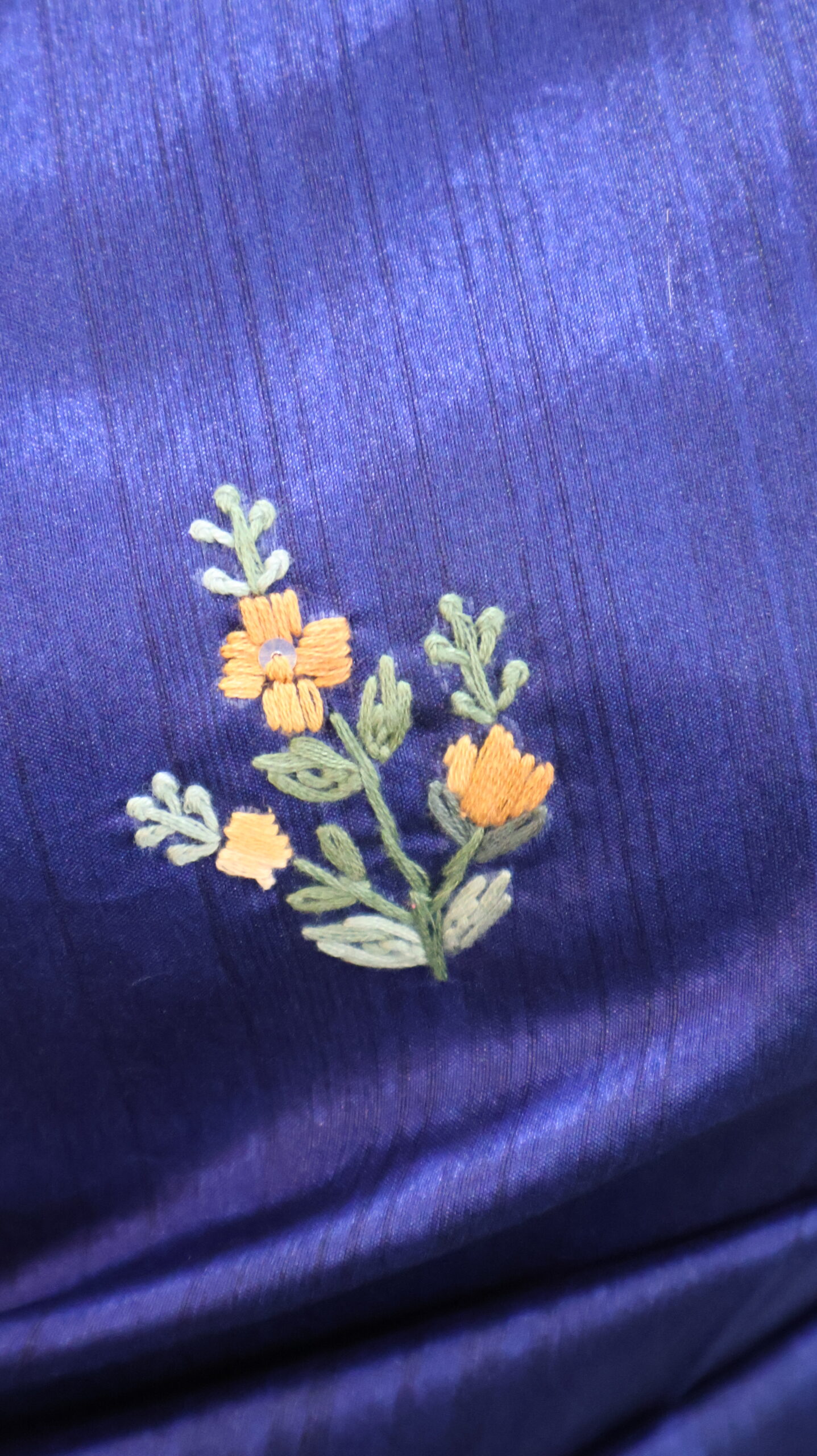 Navy Blue Half Tussar Saree with Hand-Painted Tree Motifs & Hand Embroidery - Image 4