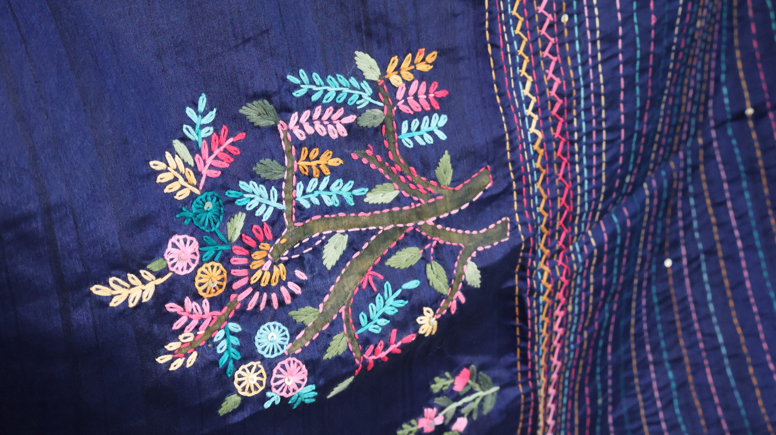 Navy Blue Half Tussar Saree with Hand-Painted Tree Motifs & Hand Embroidery - Image 3