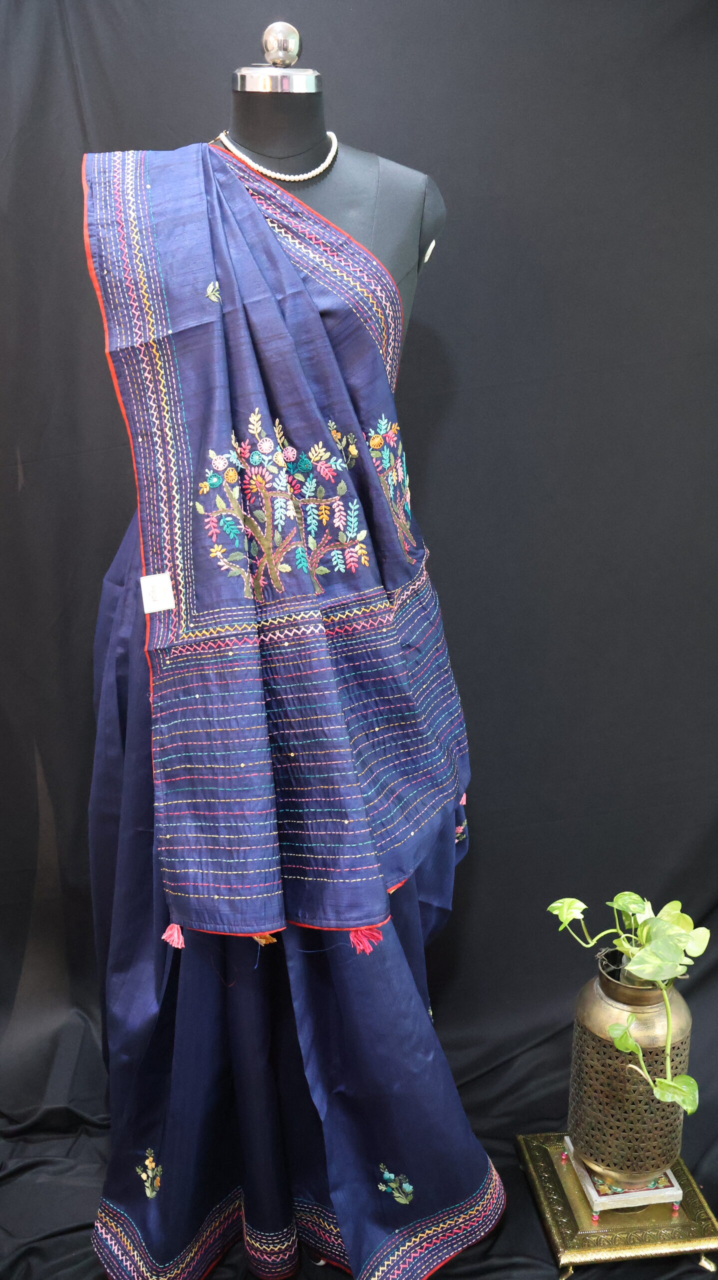 Navy Blue Half Tussar Saree with Hand-Painted Tree Motifs & Hand Embroidery - Image 2