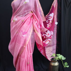 Pure Silk Linen Handloom Saree with Swan Motifs & Muslin Pallu – Blush Pink