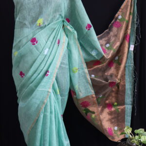 Pure Silk Linen Handloom Saree with Lotus Motifs & Tissue Pallu – Aqua Green