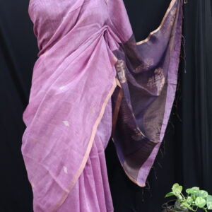 Pure Silk Linen Handloom Saree with Traditional Buti Motifs & Muslin Pallu – Lavender Purple