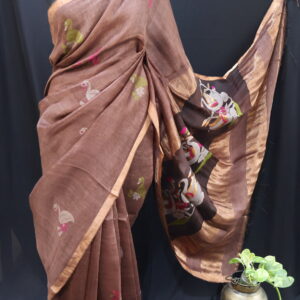 Pure Silk Linen Handloom Saree with Swan Motifs & Muslin Pallu – Coffee Brown