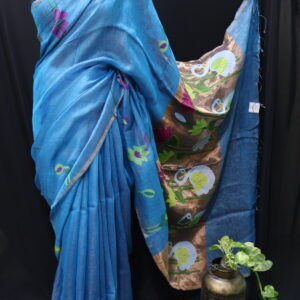 Pure Silk Linen Handloom Saree with Swan & Lotus Motifs and Tissue Pallu – Sky Blue