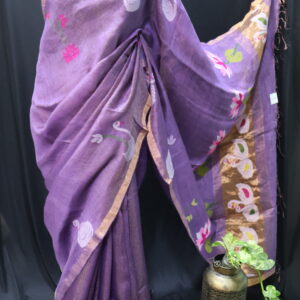 Handloom Silk Linen Saree with Tissue Pallu – Swan & Lotus Motifs | Royal Purple