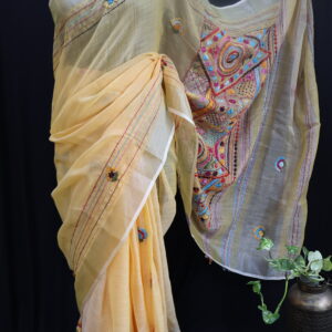 Handcrafted Linen Saree with Traditional Lambani Embroidery – Pastel Yellow