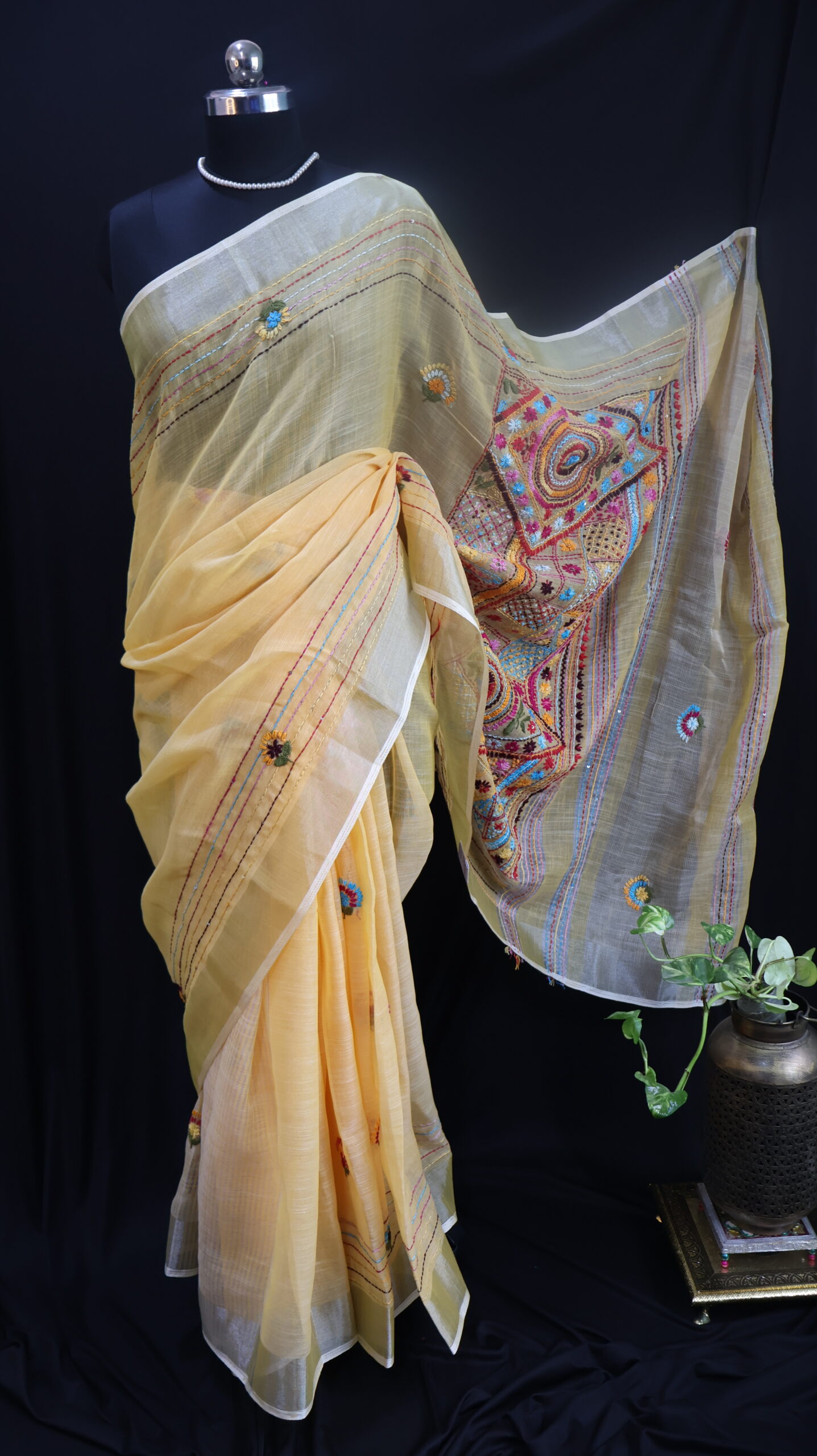 Handcrafted Linen Saree with Traditional Lambani Embroidery – Pastel Yellow