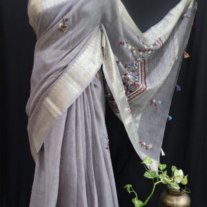 Grey Kota Tissue Saree with Floral Hand Embroidery & Zari Border