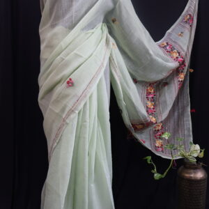 Pastel Mint Linen Saree with Parsi Floral Hand Embroidery & Sequins Work