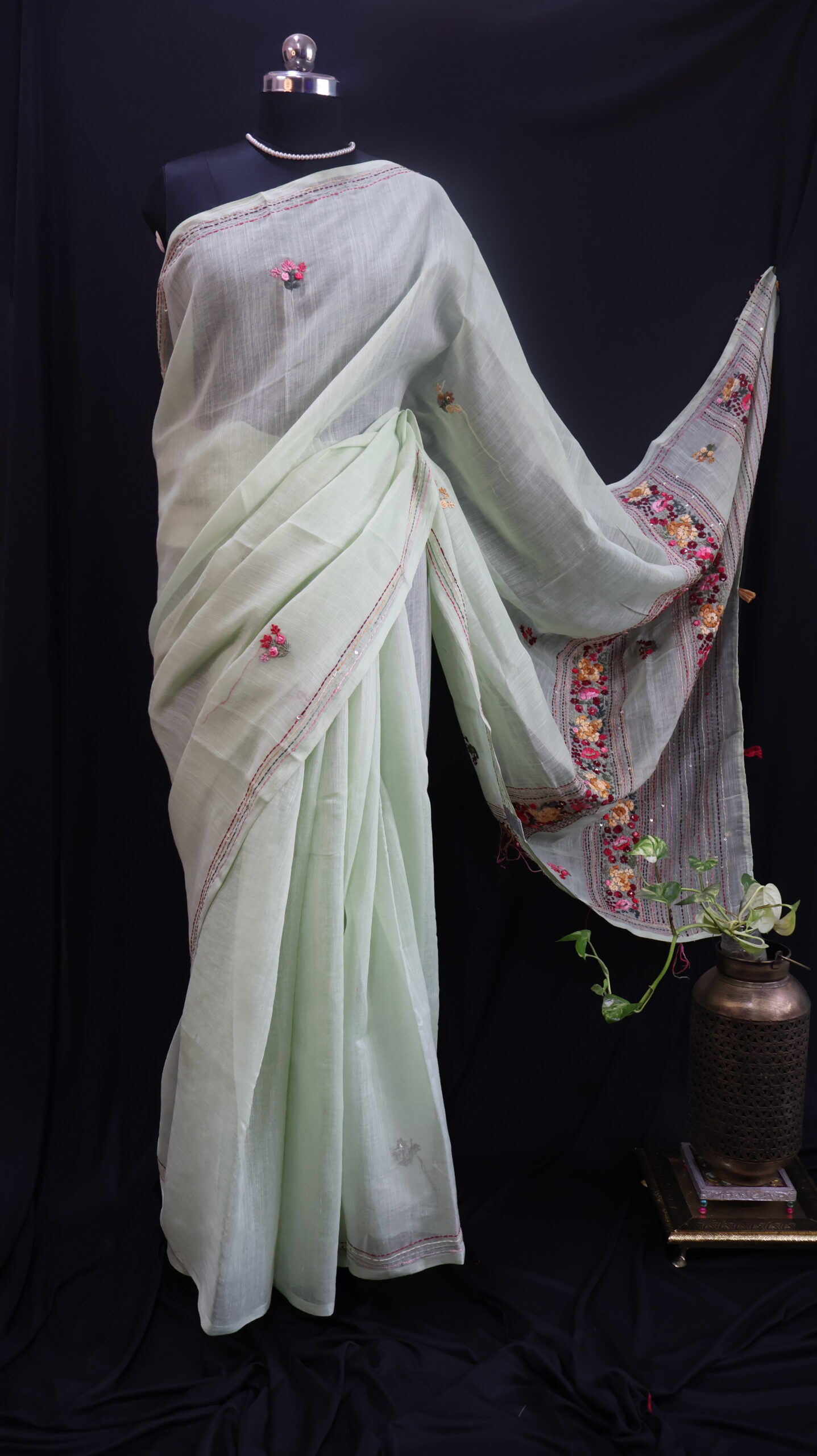 Pastel Mint Linen Saree with Parsi Floral Hand Embroidery & Sequins Work