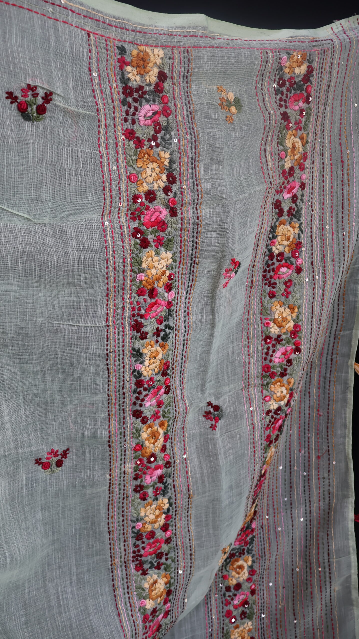 Pastel Mint Linen Saree with Parsi Floral Hand Embroidery & Sequins Work - Image 5