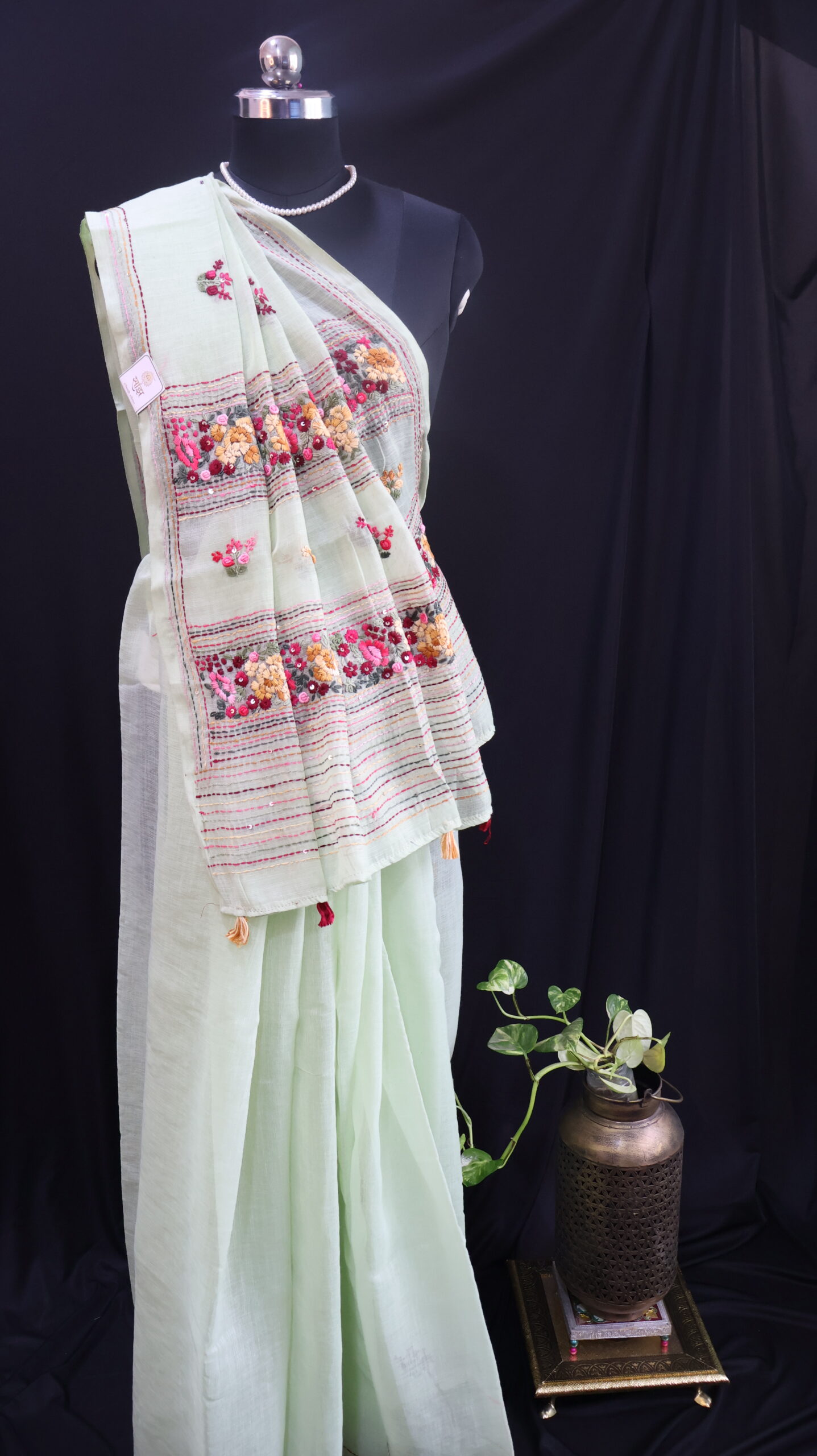 Pastel Mint Linen Saree with Parsi Floral Hand Embroidery & Sequins Work - Image 4