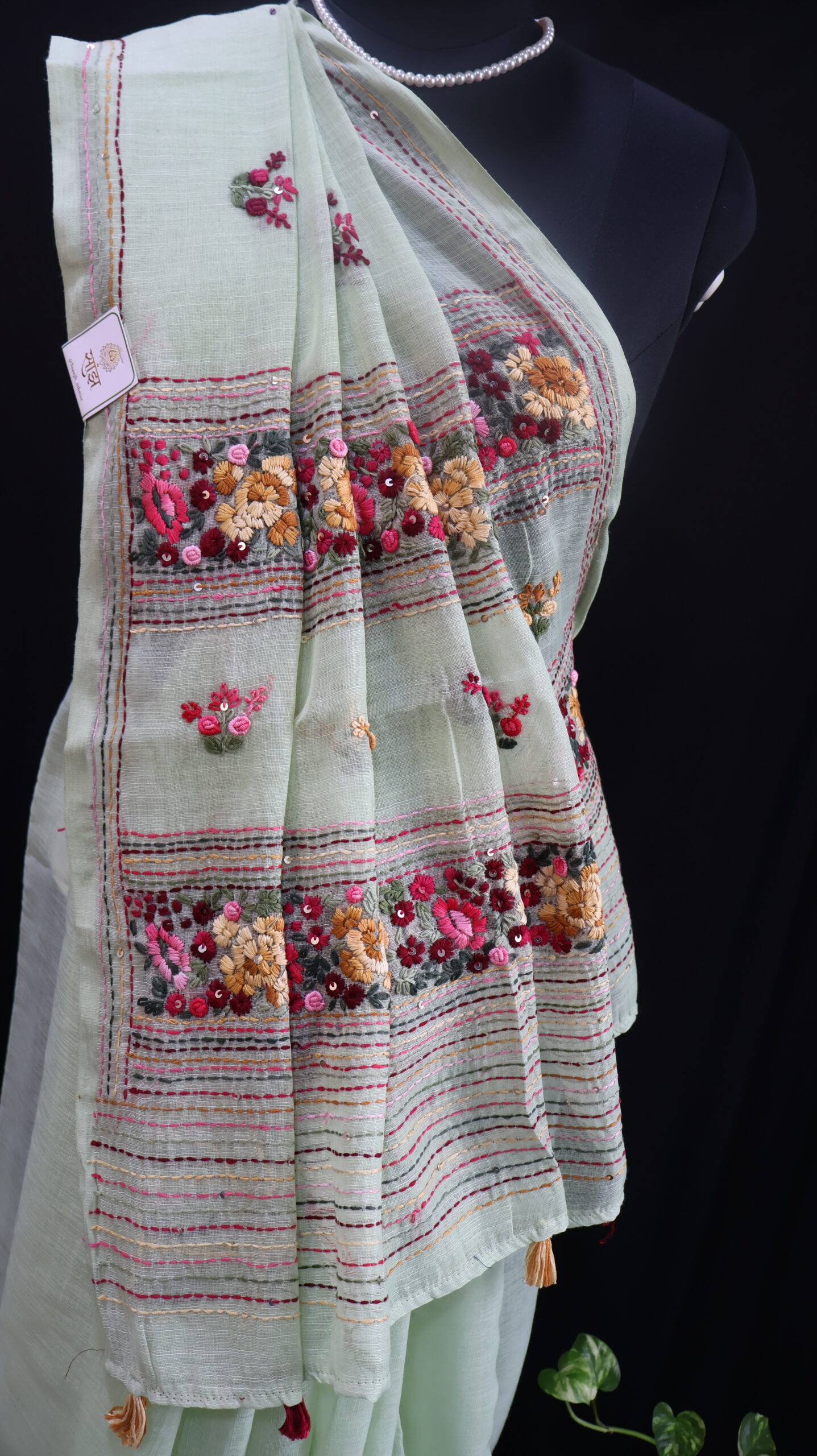Pastel Mint Linen Saree with Parsi Floral Hand Embroidery & Sequins Work - Image 3