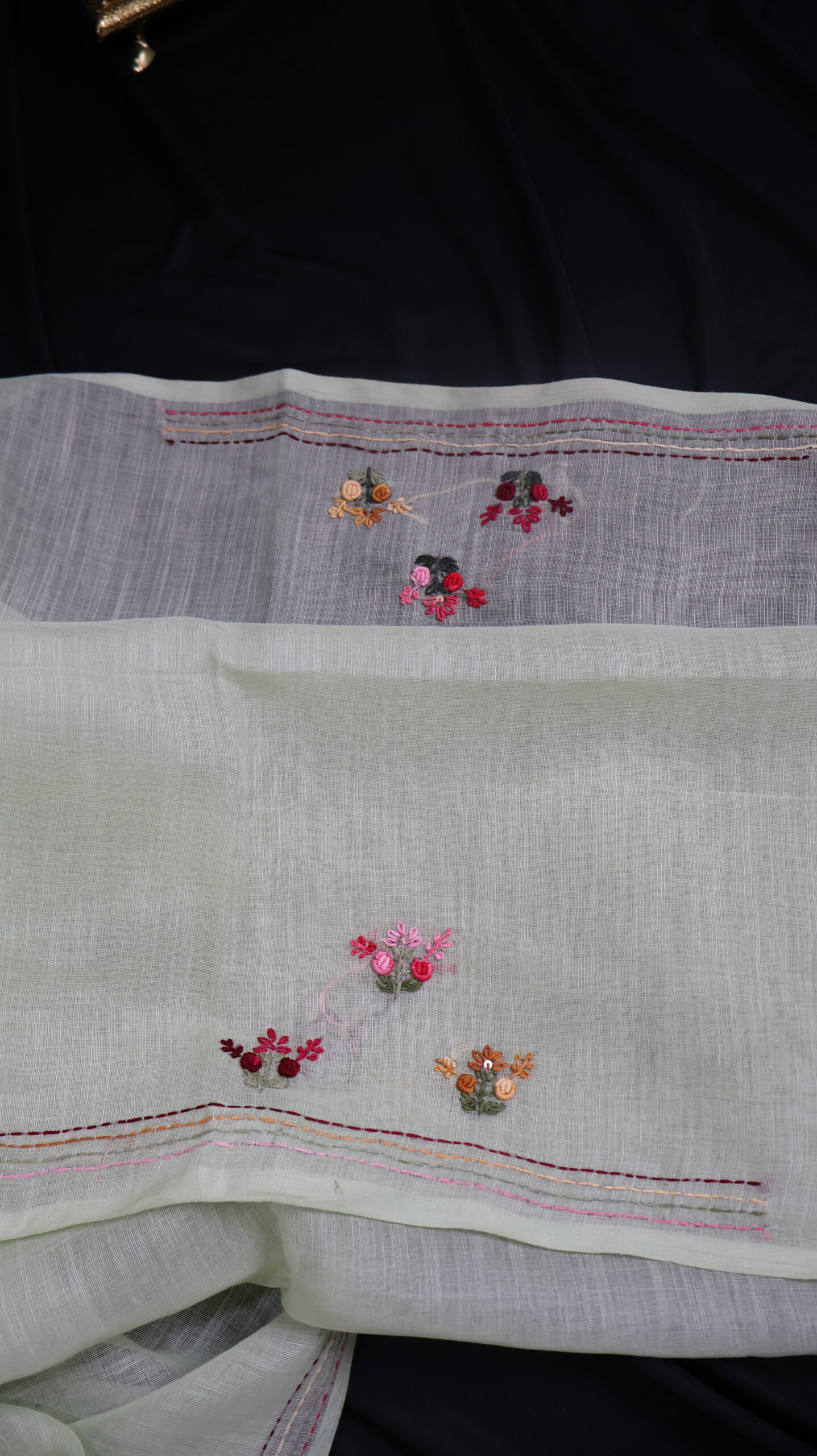 Pastel Mint Linen Saree with Parsi Floral Hand Embroidery & Sequins Work - Image 2
