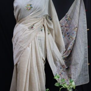 Beige Mul Chanderi Saree with Hand Embroidery & Sequin Work