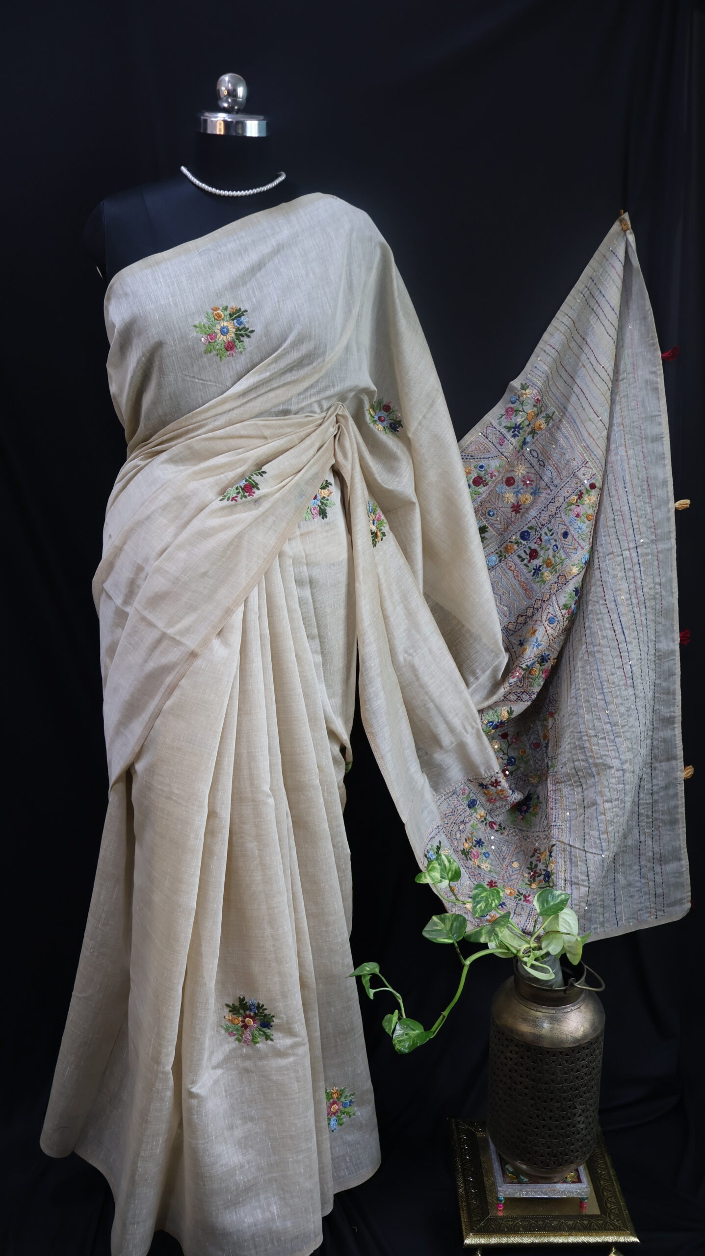 Beige Mul Chanderi Saree with Hand Embroidery & Sequin Work