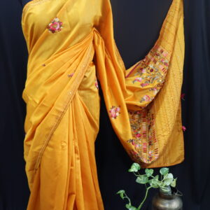Mustard Yellow Half Tussar Saree with Handcrafted Floral Embroidery