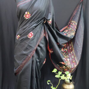 Black Half Tussar Saree with Floral Embroidery, French Knots & Sequin Work