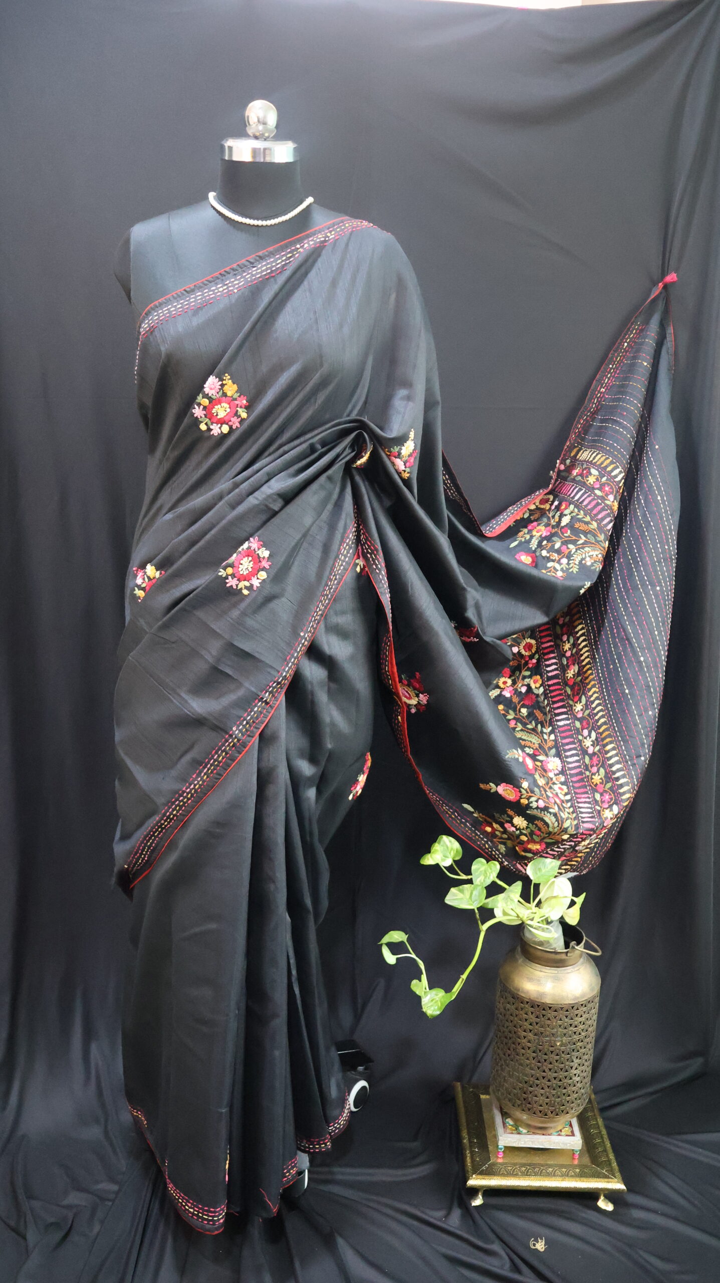 Black Half Tussar Saree with Floral Embroidery, French Knots & Sequin Work