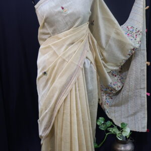 Golden Beige Mul Chanderi Saree with Bullion, Kantha & French Knot Hand Embroidery